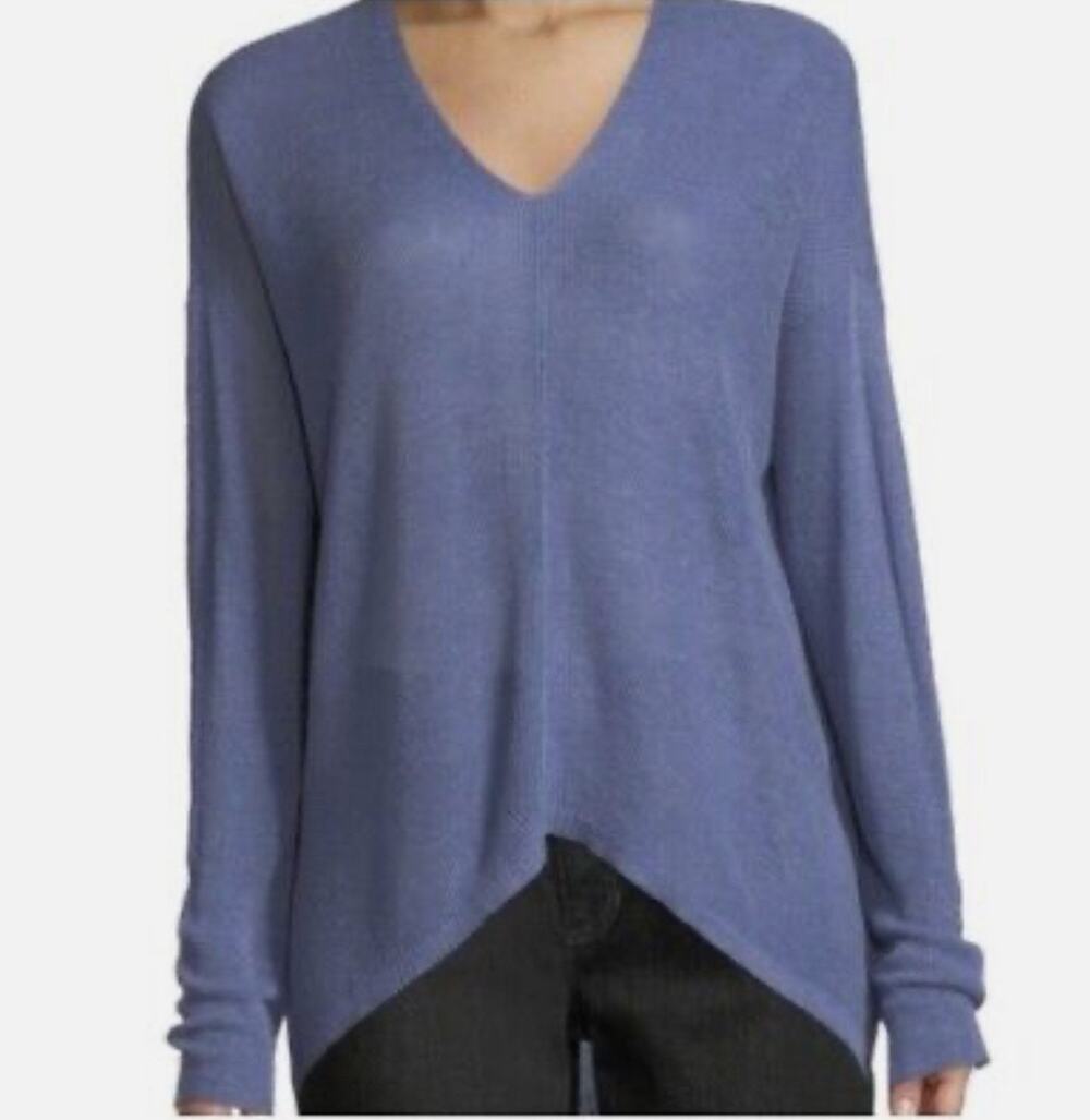 Eileen Fisher Blue Linen Blend Long S V-Neck Sweater Sz S